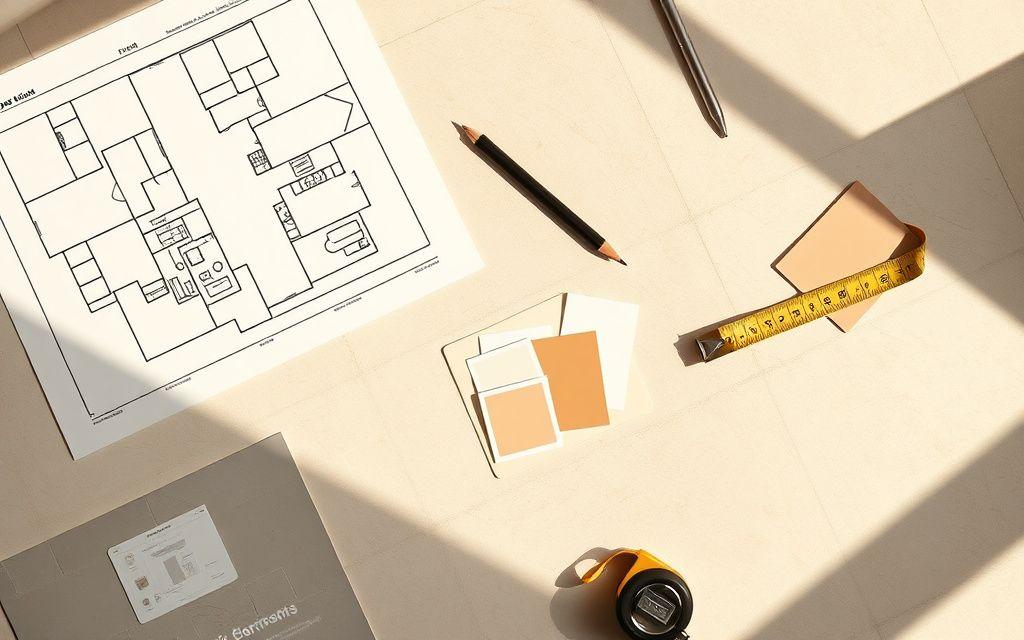 Layout sketches and tile samples for a bathroom renovation planning session