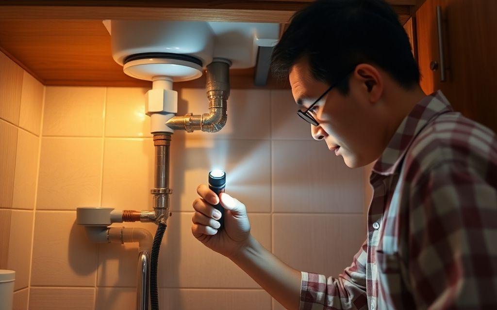 Homeowner inspecting under-sink pipework with a torch