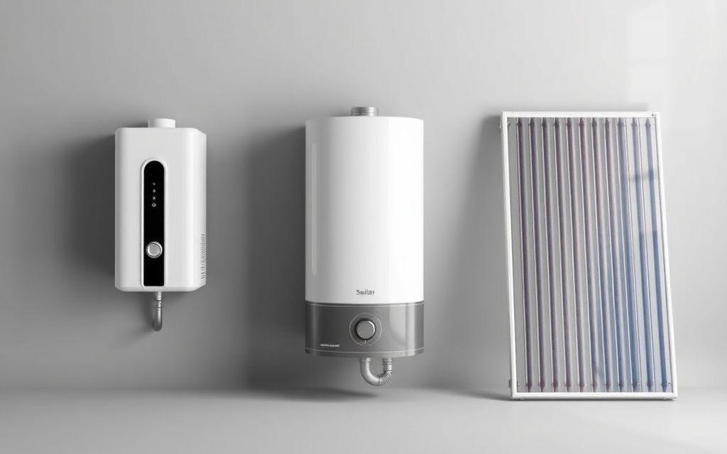 Three styles of water heaters on display: instant, storage, and solar