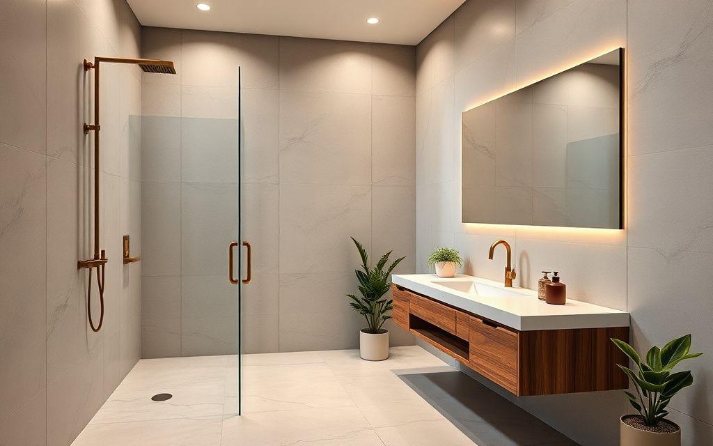 Newly renovated modern bathroom with rainfall shower and floating vanity