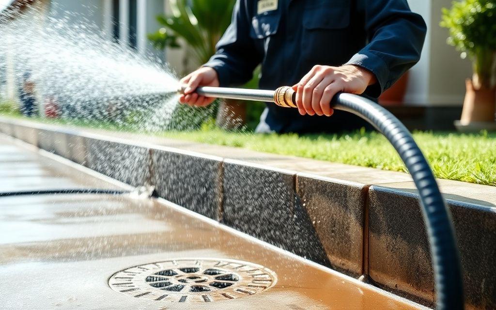 High-pressure water jetter clearing a residential drain line