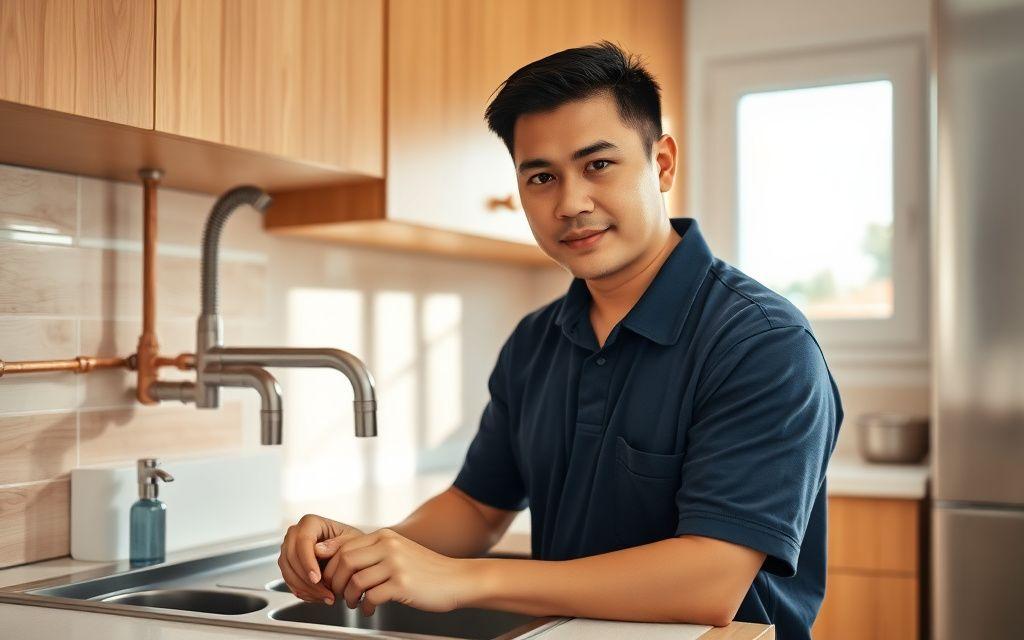 Kitchen sink and dishwasher connection being finished by a plumber