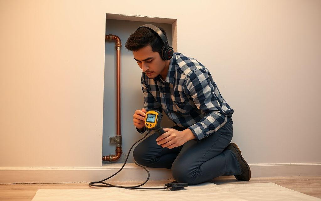 Plumber inspecting copper pipework behind a wall panel