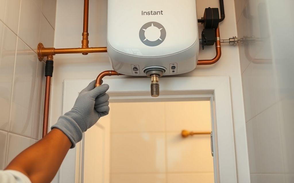 New instant water heater installed above a Malaysian bathroom door